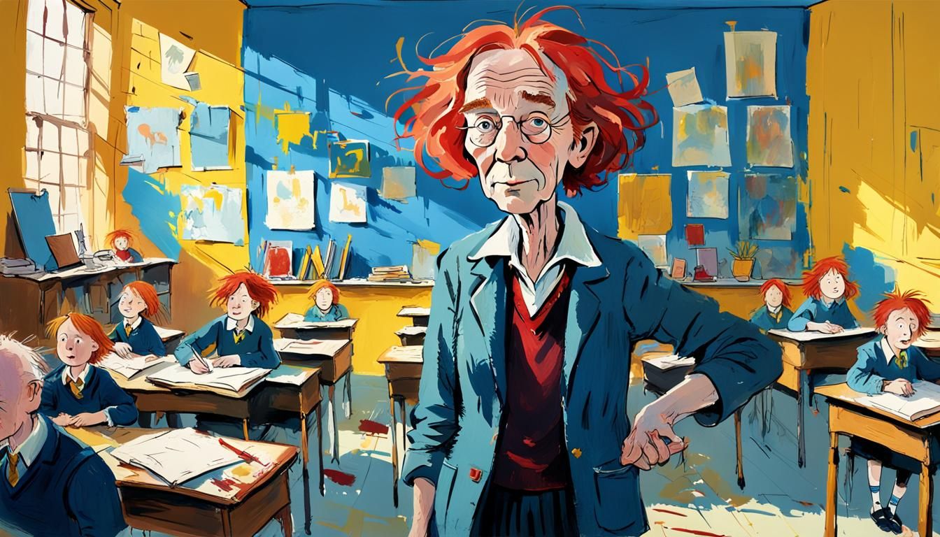 Red-Haired Teacher in Whimsical Illustration Style