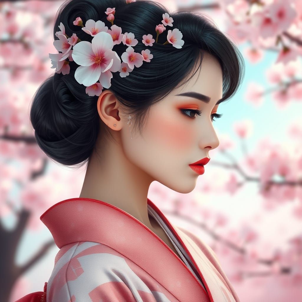 Traditional Japanese Goddess with Cherry Blossom Hairpiece