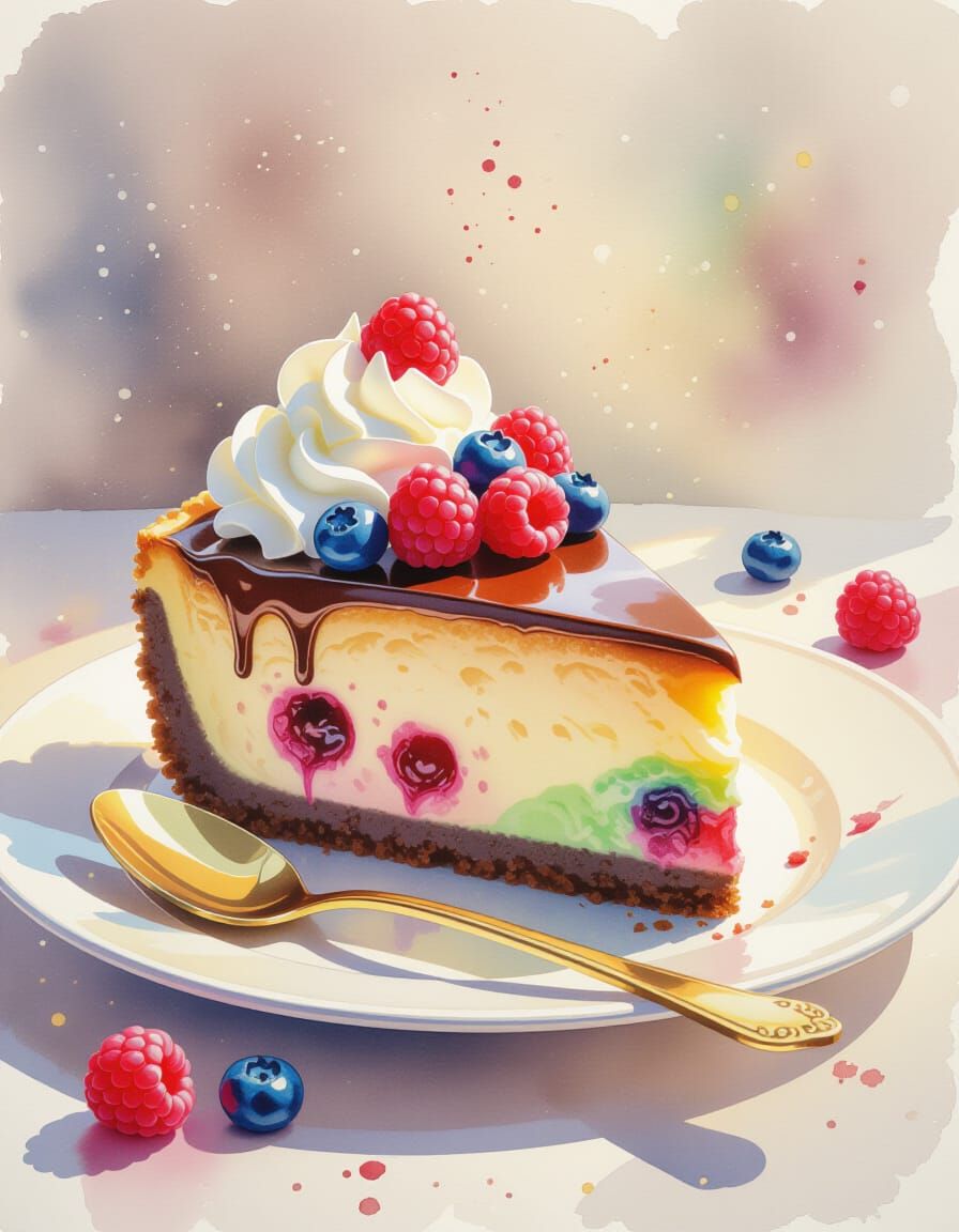 Watercolor Rainbow Cheesecake Slice with Berries