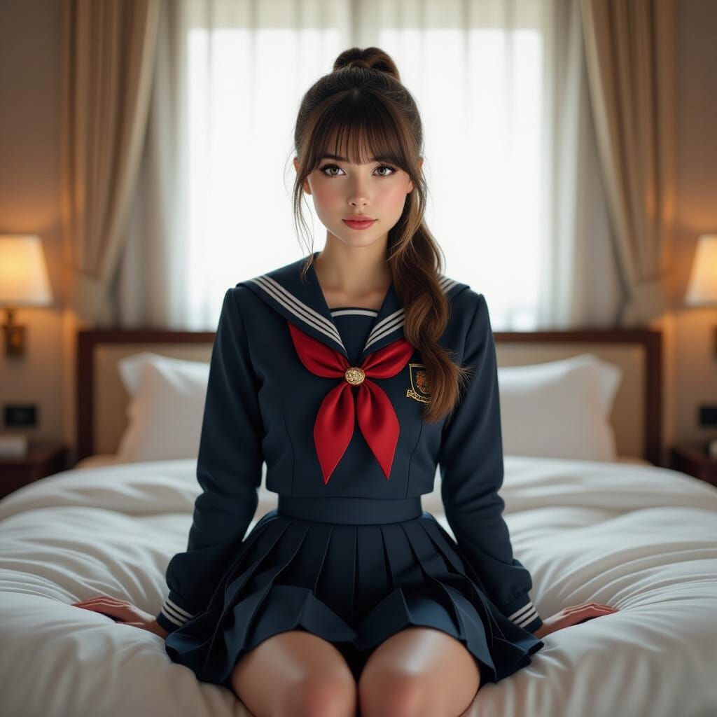 Woman in Sailor Uniform on Hotel Bed, Digital Art