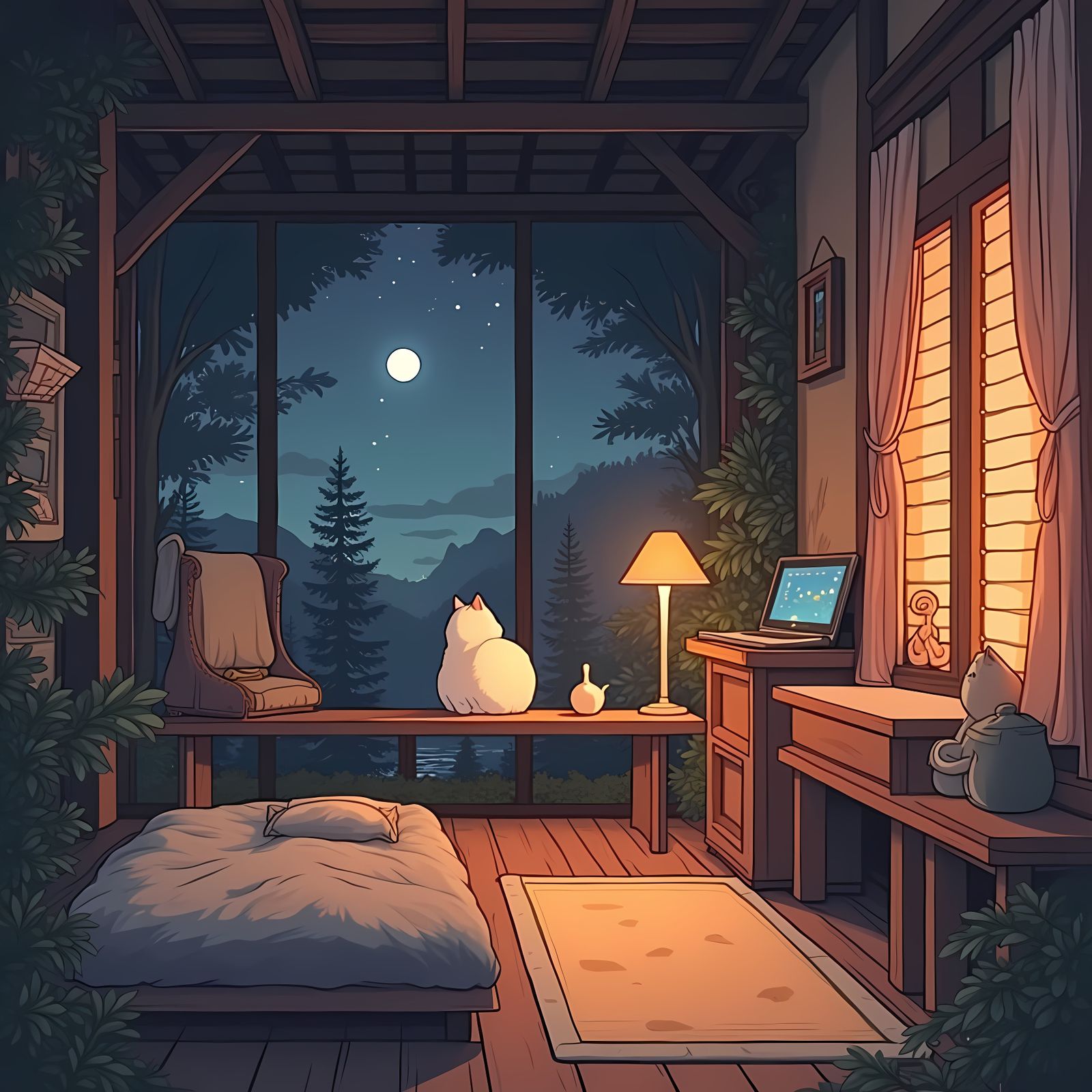 Whimsical Anime Scene with Cat and Balcony View