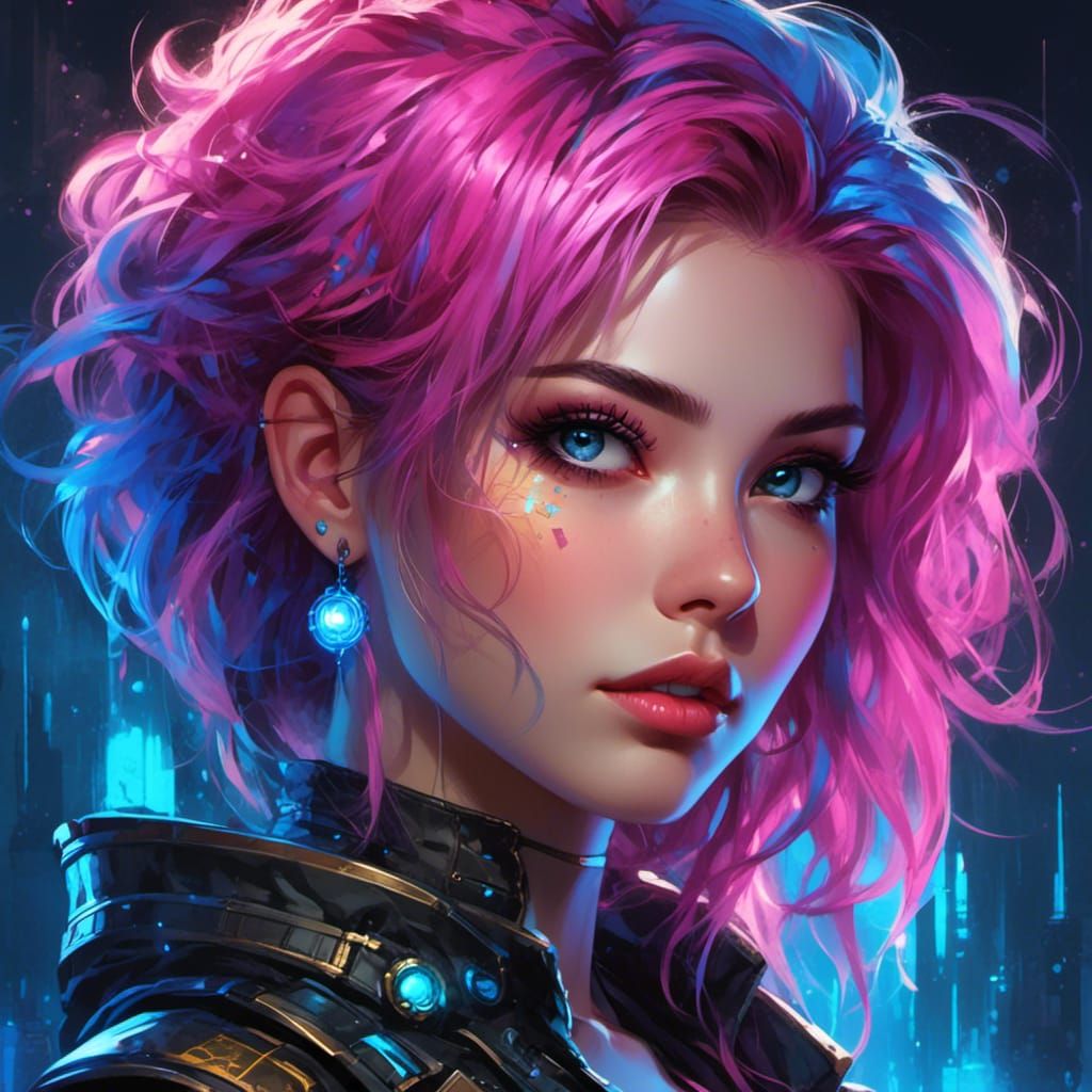 Cyberpunk Girl with Electric Blue Hair in Synthwave Style