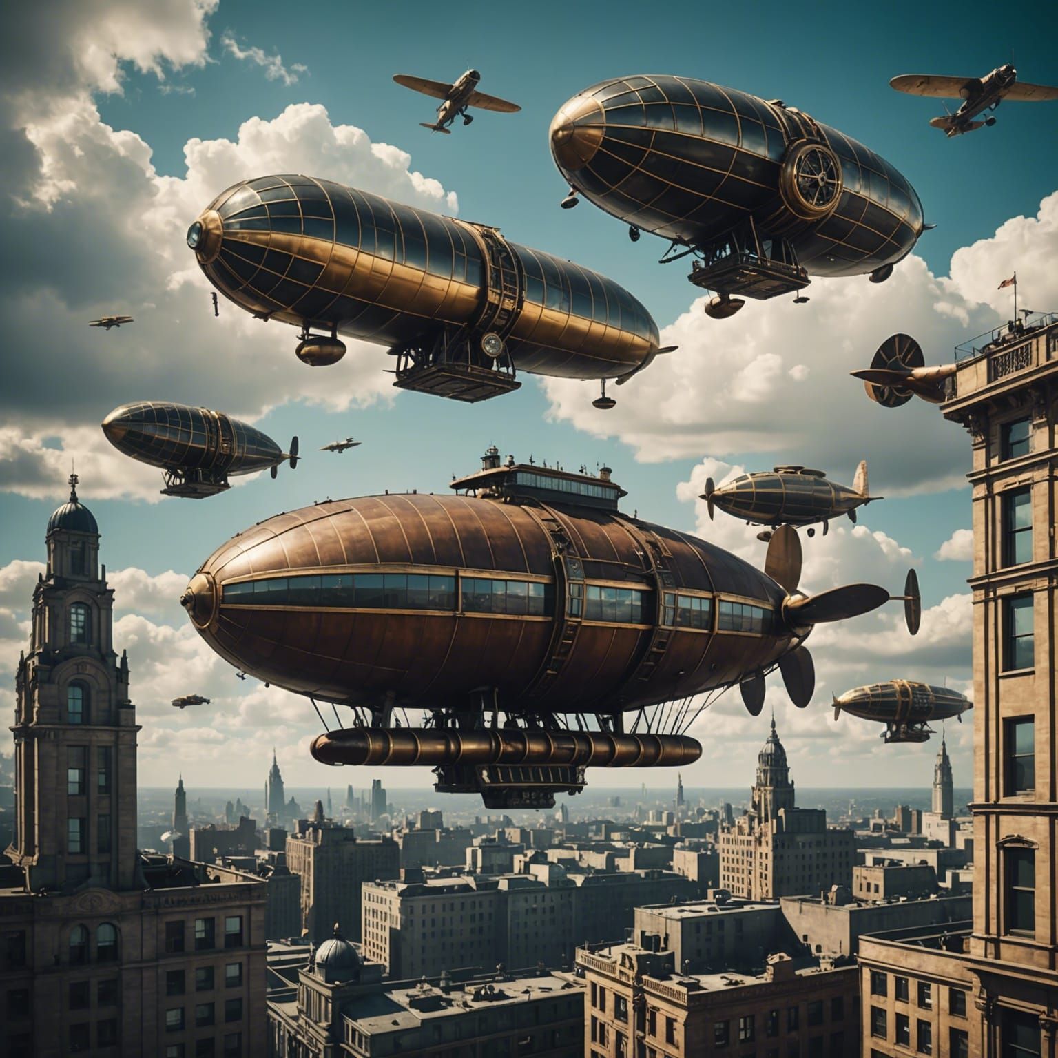 Steampunk Sky City with Dirigibles and Aircraft
