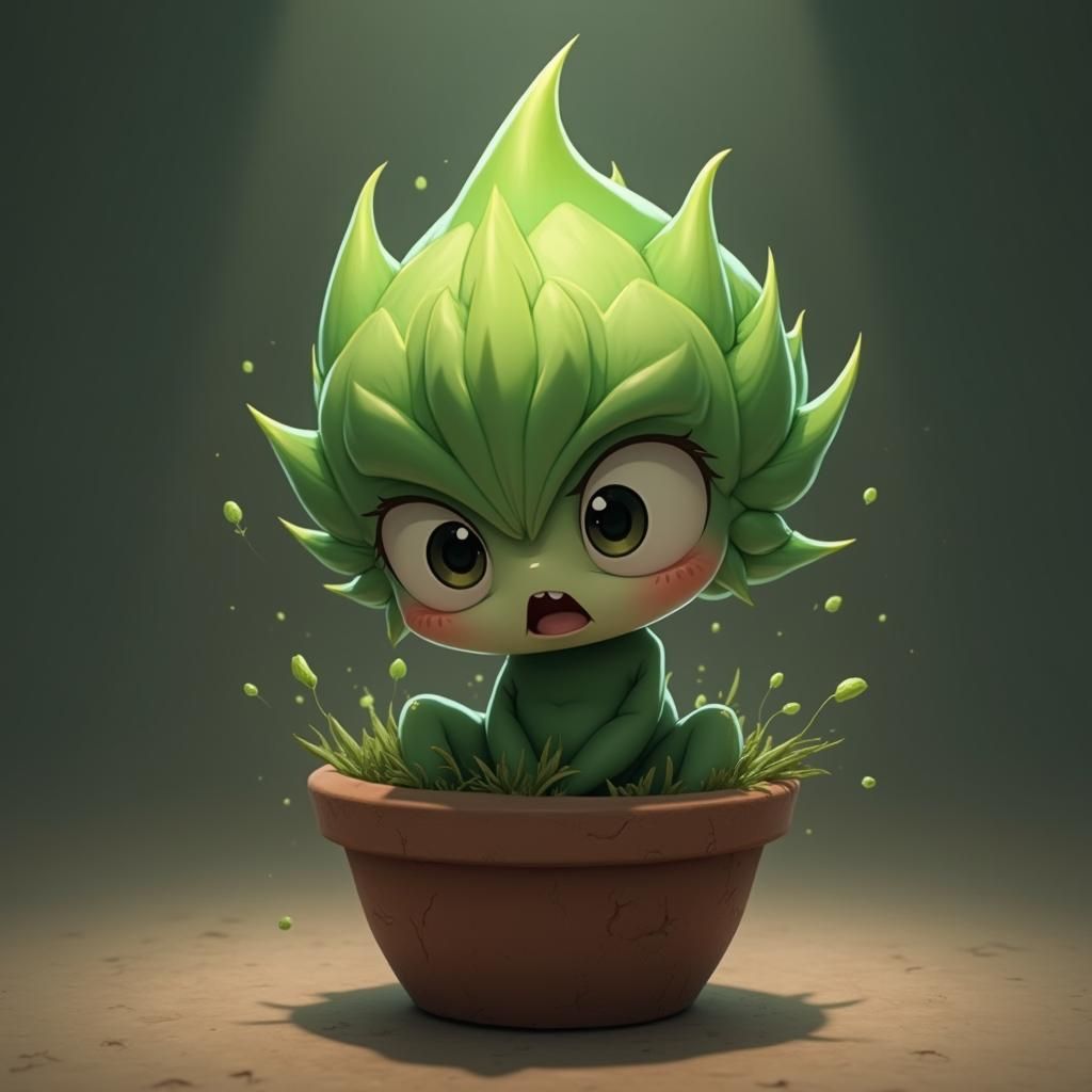 Terrified Anime Sprout in Ceramic Pot