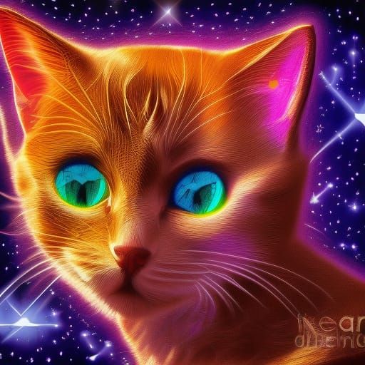 Cosmic Cat Illustration in Holographic Style