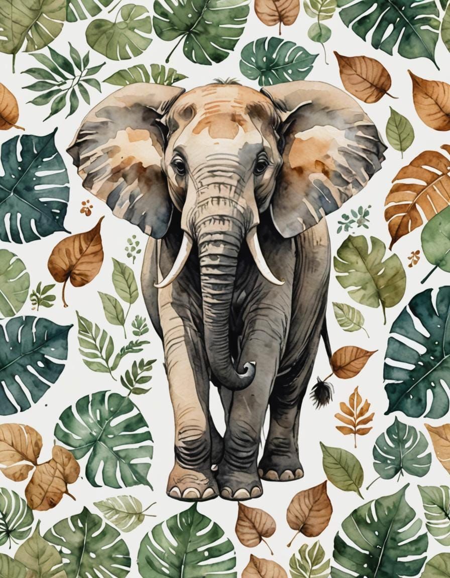 Watercolor Elephant with Leaves in Animated Style