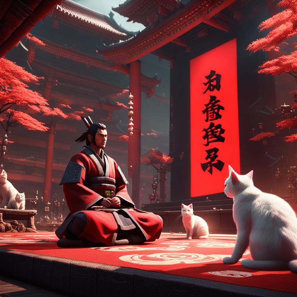 Samurai Meditates Before Giant Screen in 3D Game Art