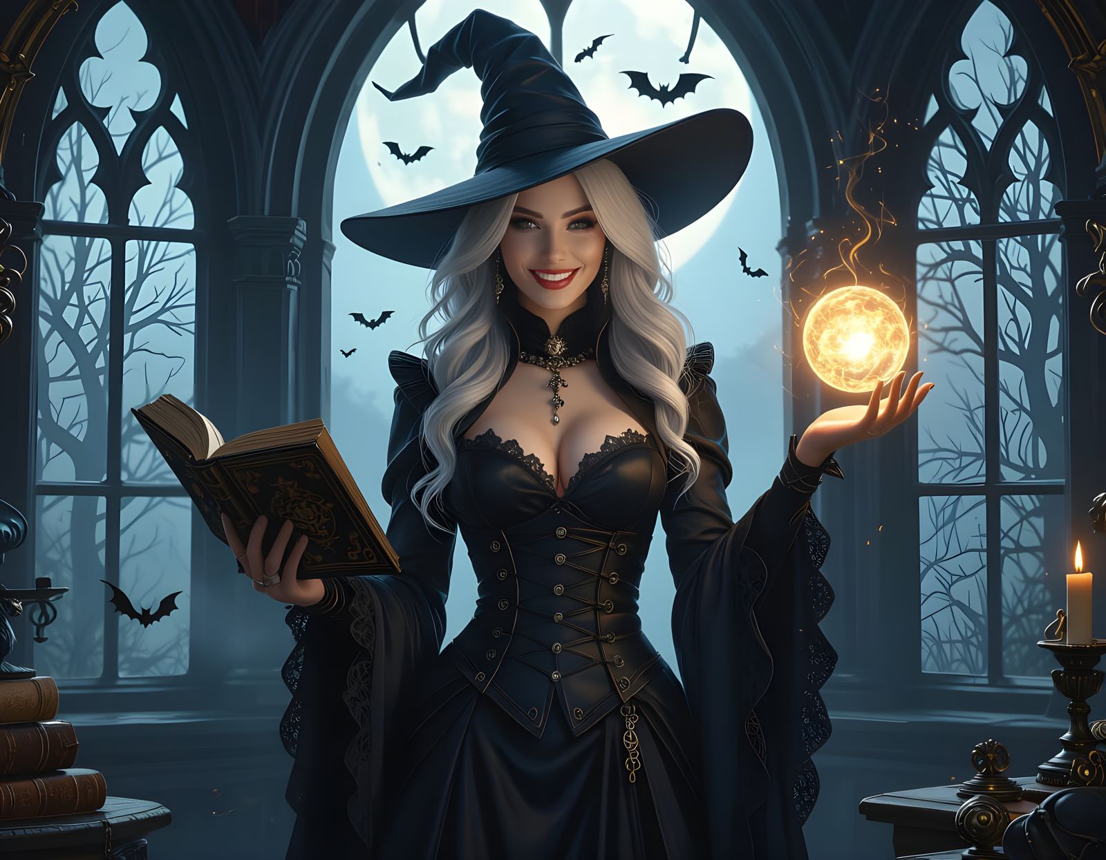 Mysterious Witch Summoning Orb Under Moonlight