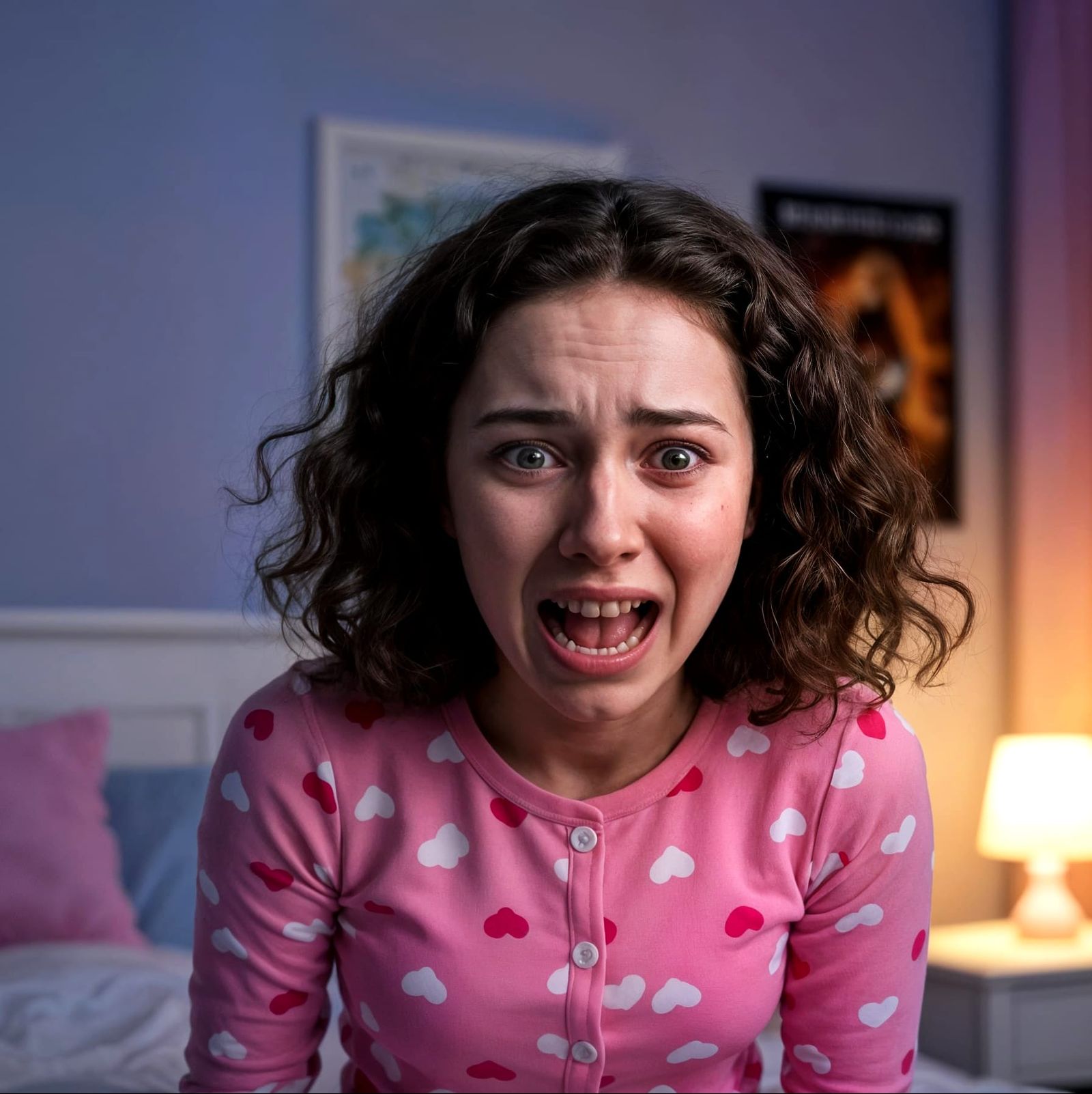 Screaming Woman Waking from Nightmare in Bedroom