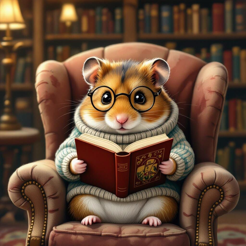 Whimsical Hamster Reading Book in Cozy Library