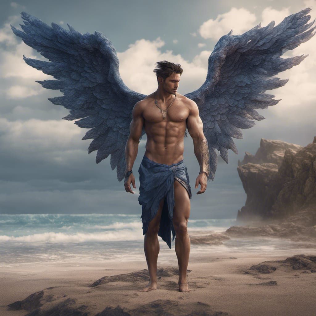 Male Angel on Beach: Detailed Matte Painting
