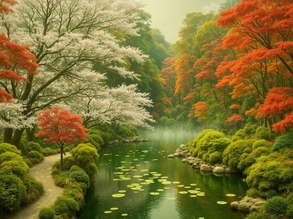 Serene Japanese Garden in Autumn Bloom