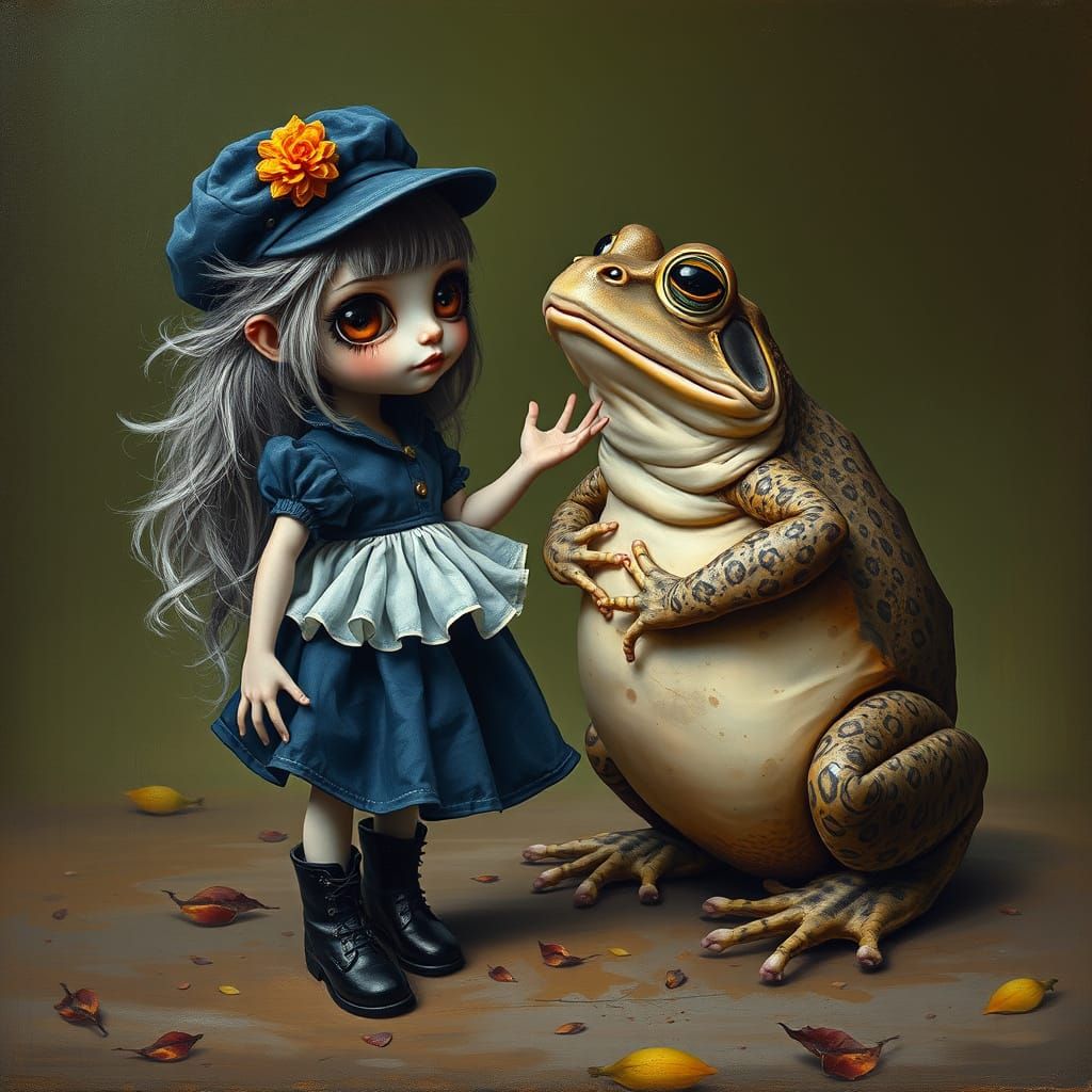 Whimsical Frog-Faced Doll in Surreal Marshland Oil Painting