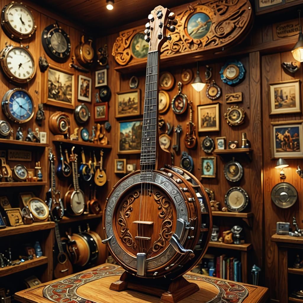 Intricately Carved Banjo Displayed in Pawn Shop