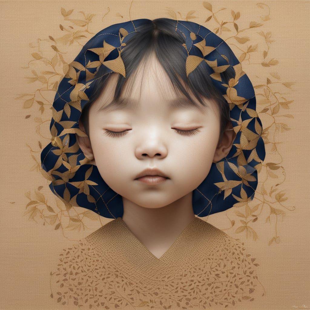 Sashiko Girl: Golden Thread Embroidery and Dreamlike Halo