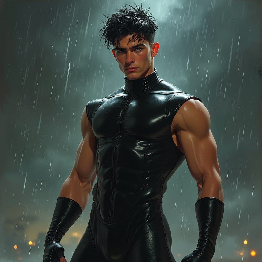 Stormy Portrait of a Man in Leather Bodysuit