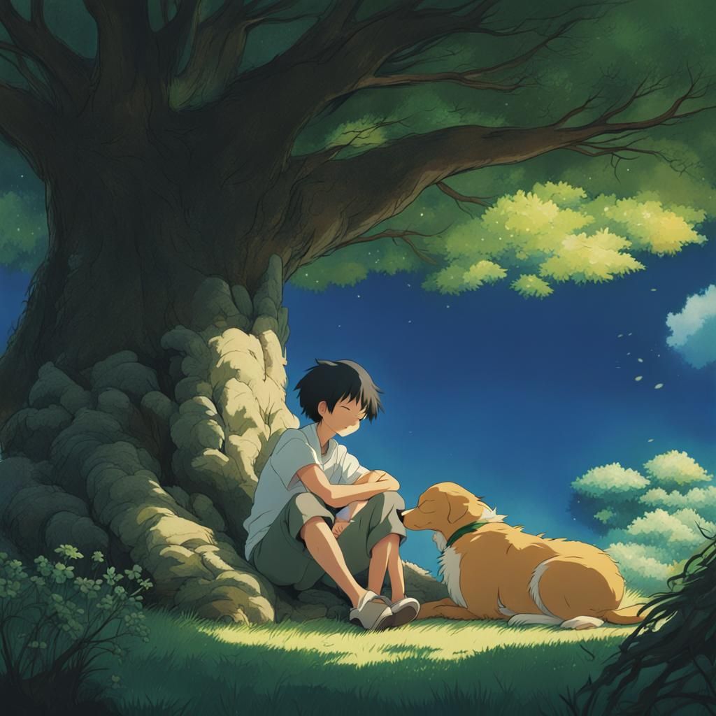 Boy Sleeping Under Tree in Anime Style