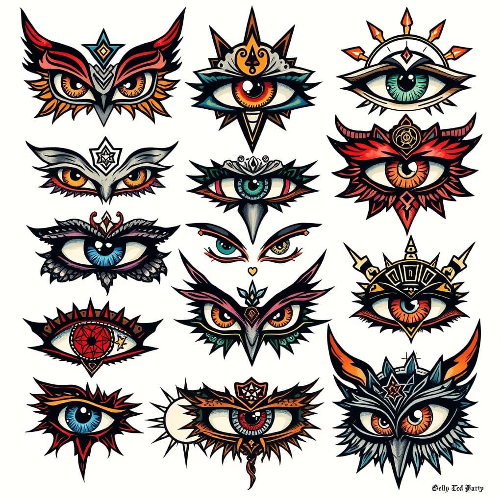 Mystical Eyes Flash Tattoo Sheet in Traditional Style