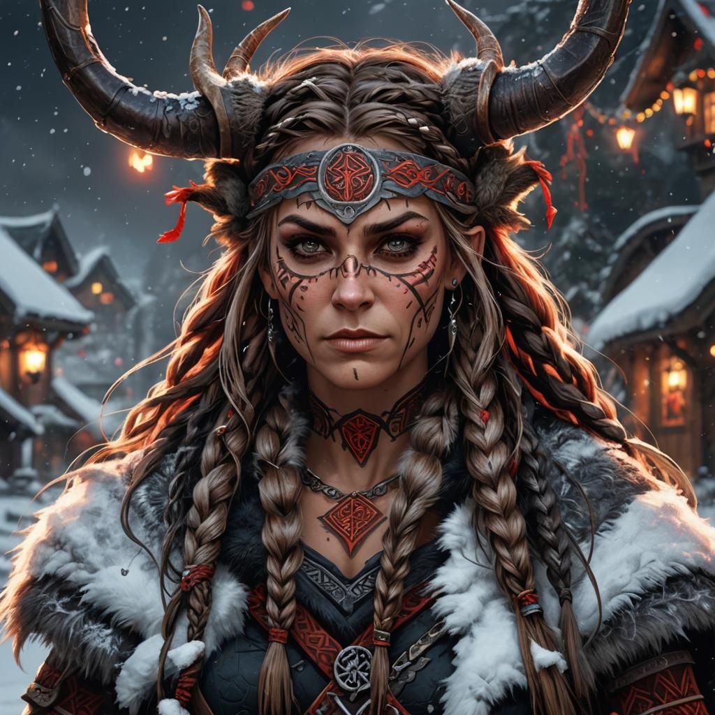 Christmas Valkyrie with Norse Runes, Dark Fantasy Art