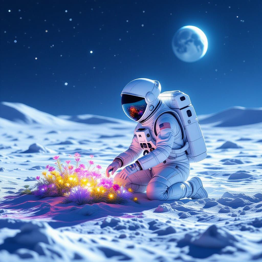Astronaut Tends Bioluminescent Garden on Tranquil Moon