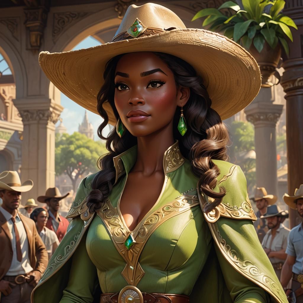 Princess Tiana as Cowgirl: Hyperrealistic Digital Art