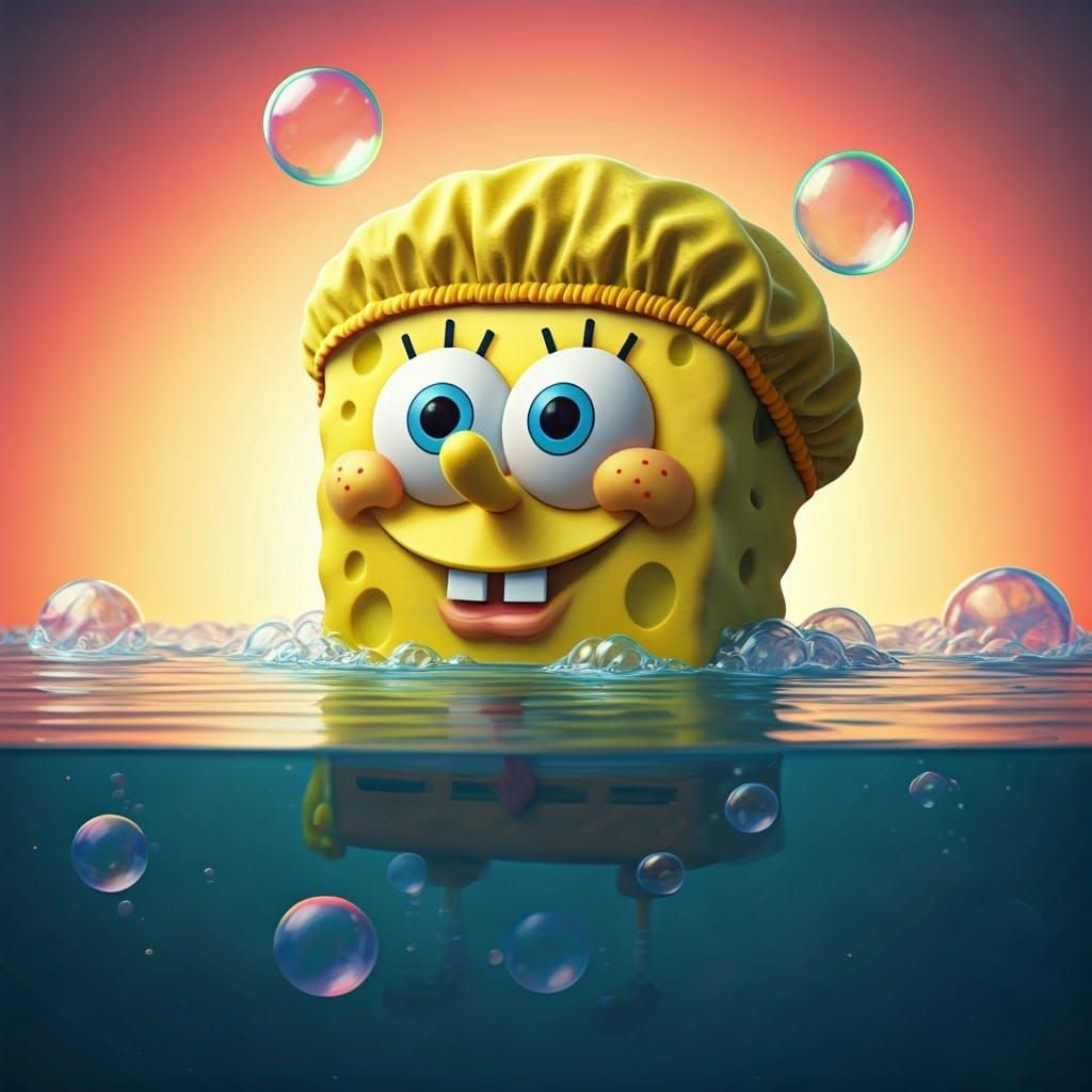 SpongeBob in Rainbow Bubbles: 3D Digital Art