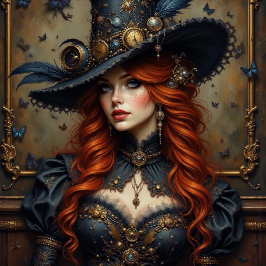 Steampunk Witch with Red Hair and Lace Hat
