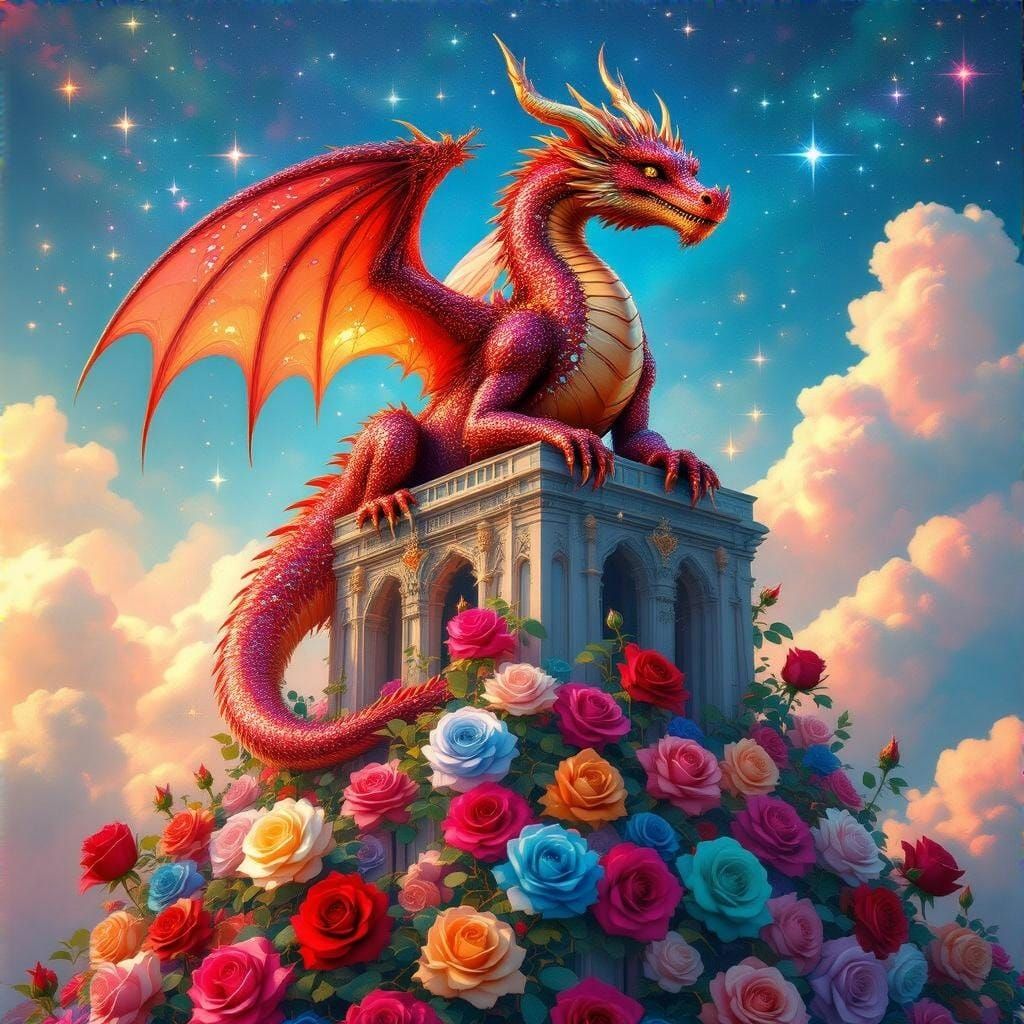 Dragon Amidst a Vibrant Rose Garden in a Fantastical Realm