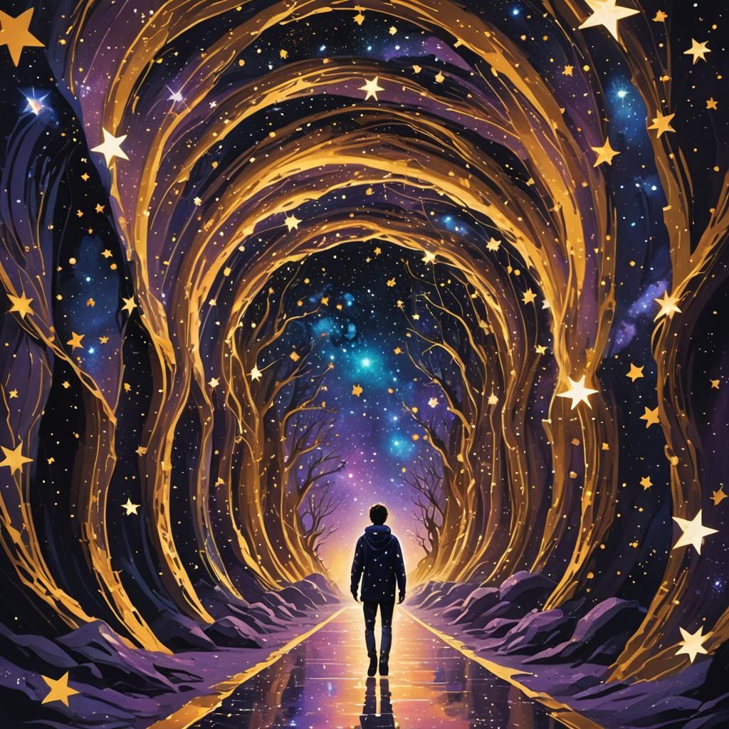 Star People Emerge from Golden Tunnel in Starry Sky