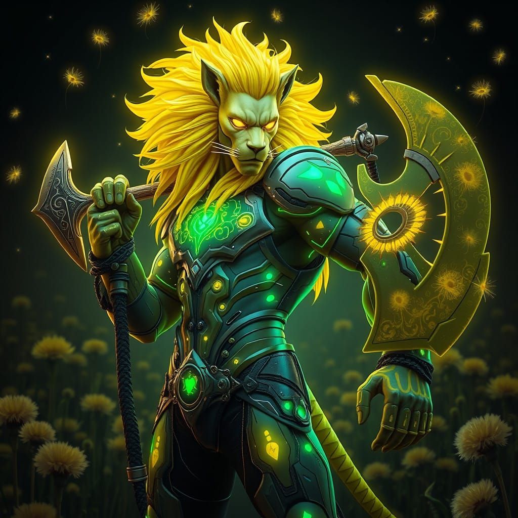 Cyberpunk Cyborg Lion in Rococo Armor with Bioluminescent Ta...