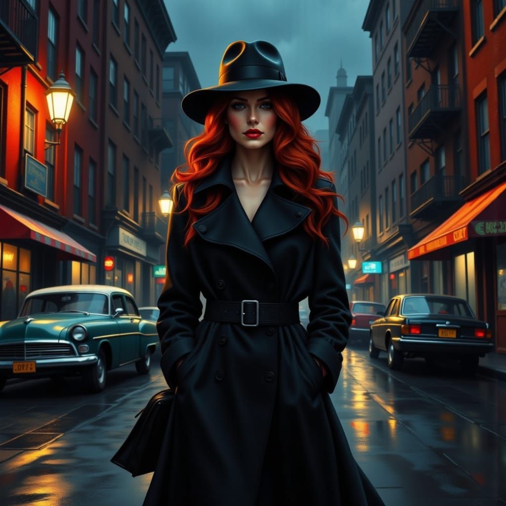 Sultry Film Noir Femme Walks Down Rainy Street at Night