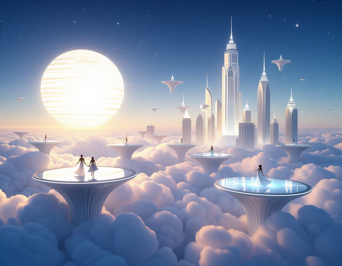Futuristic Art Deco Floating City with Dancers