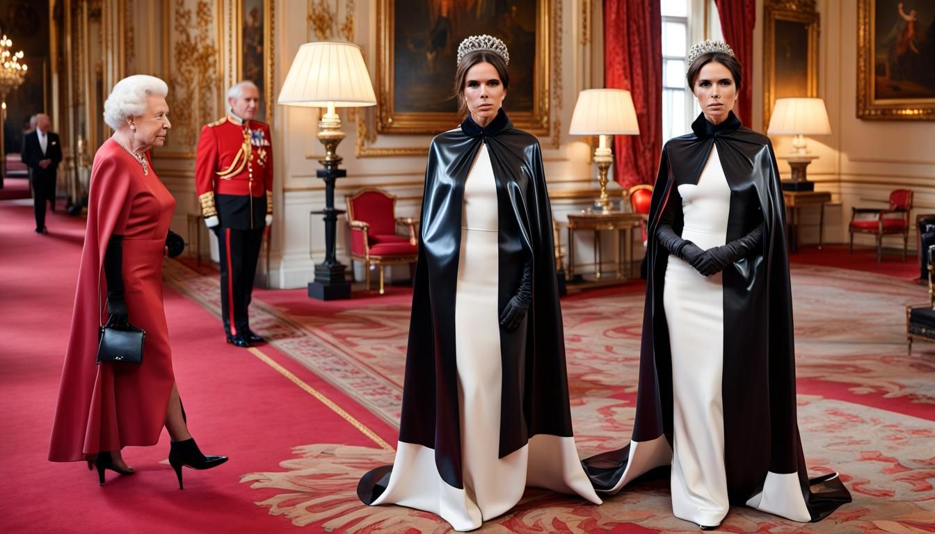 Victoria Beckham as Queen in Latex Cape