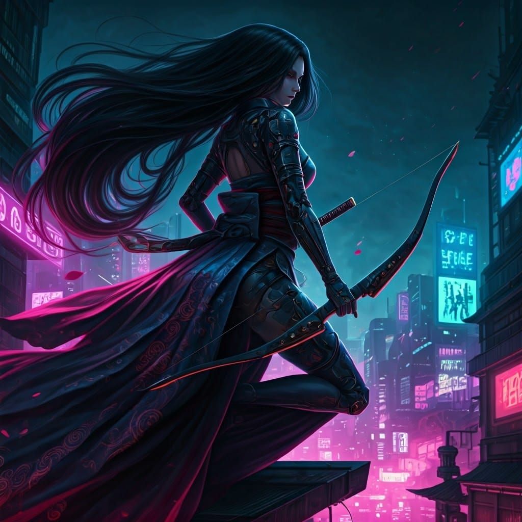 Cyberpunk Street Samurai with Futuristic Bow