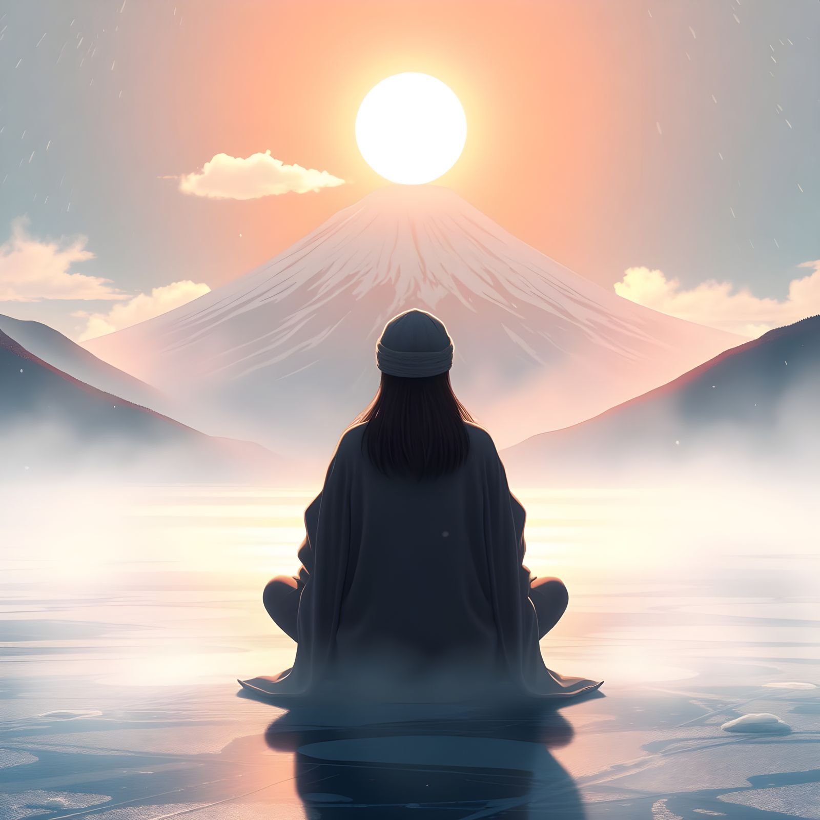 Meditating Figure on Serene Winter Landscape