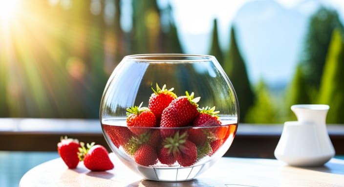 Bowl of Strawberries and Cream in Garden Setting