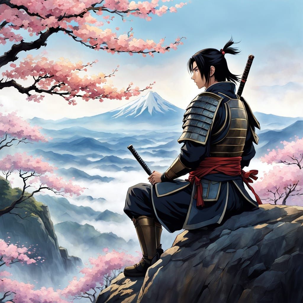 Samurai Contemplating his Past in Watercolor Style