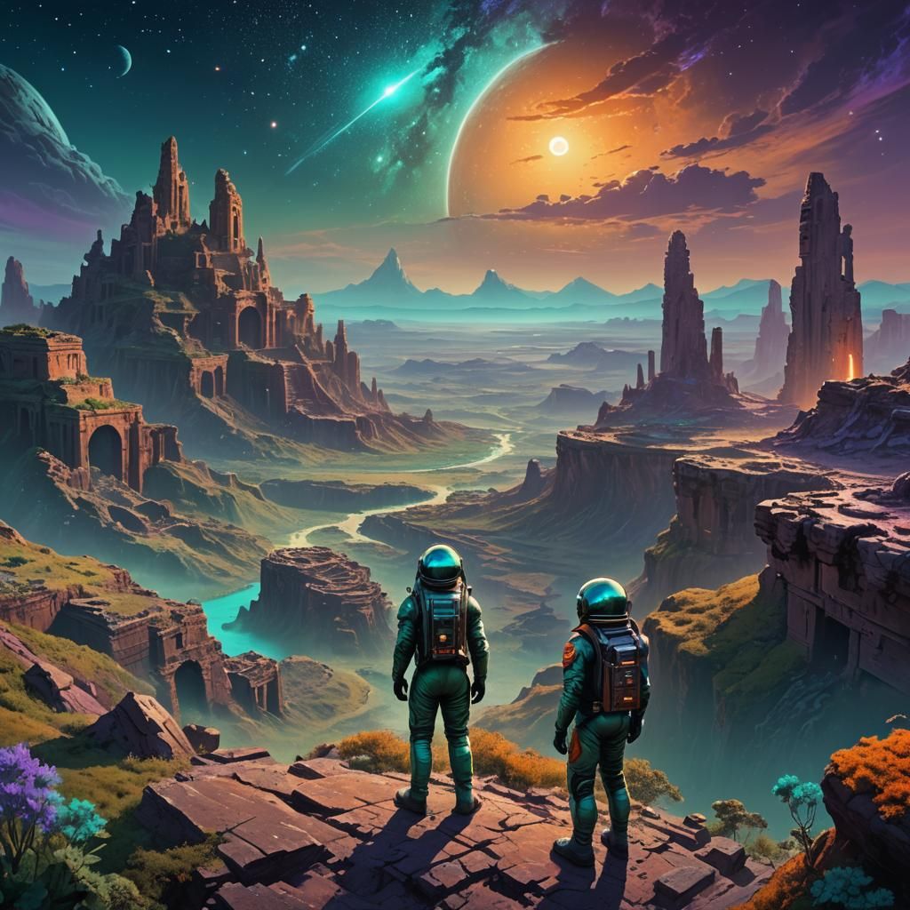 Astronaut Overlooking Ancient Ruins in Science Fantasy Art
