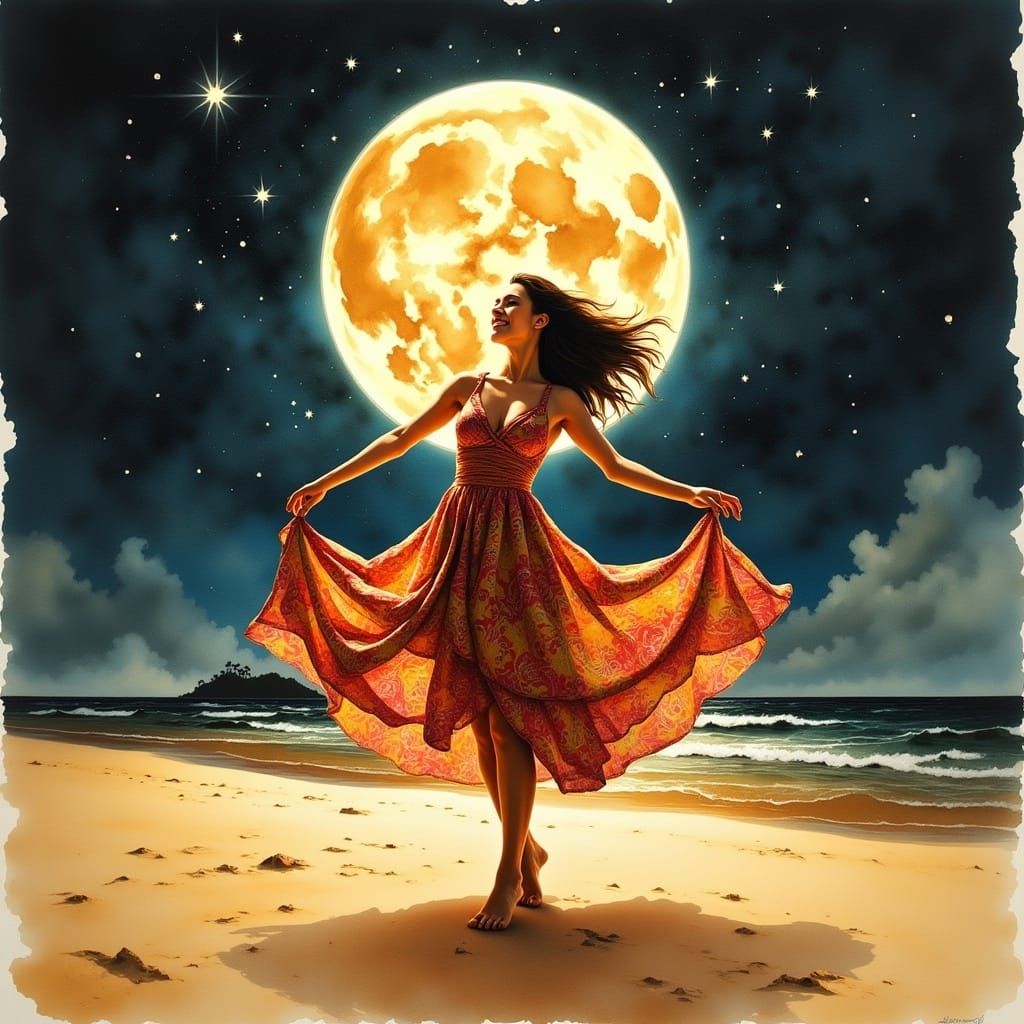 Radiant Woman in Vibrant Batik Dress Spins on Tropical Beach