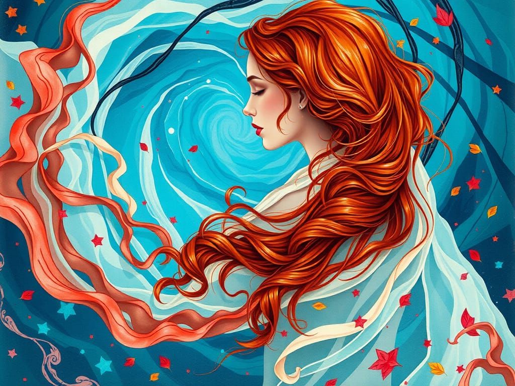 Woman Enveloped by Shimmering, Undulating Scarf in Surrealis...