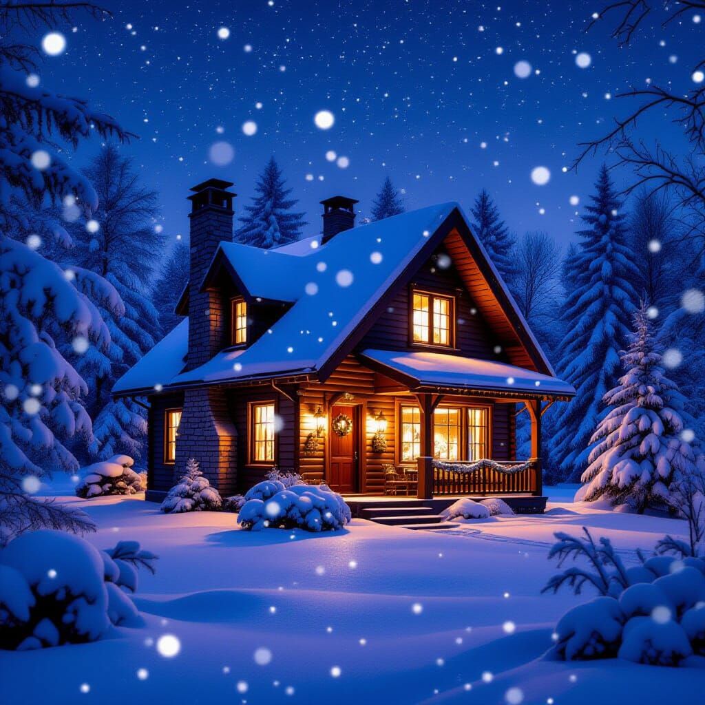 Cozy Christmas Cabin Aglow on a Starry Winter Night