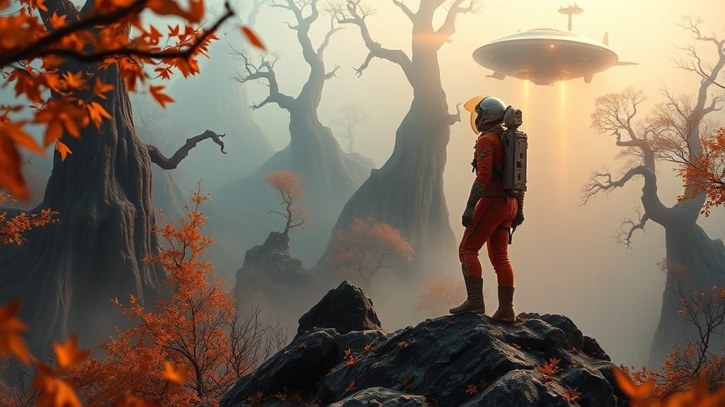 Astronaut in Orange Suit Gazes at Glowing Craft in Misty Ali...