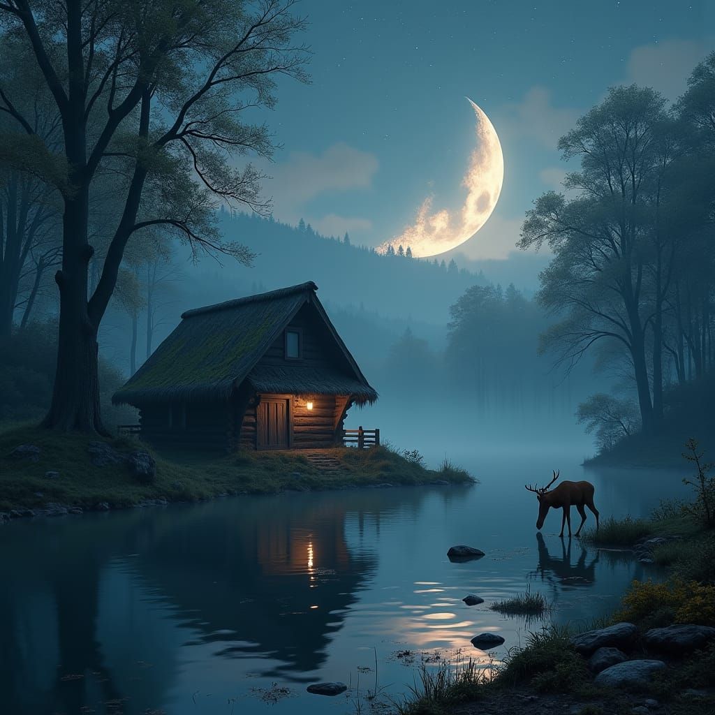 Ethereal Half Moon Night Over Forest in Matte Painting