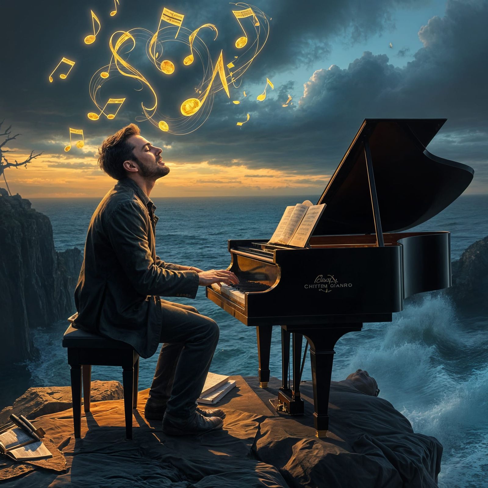 Man Plays Piano With Musical Notes Above Sea View