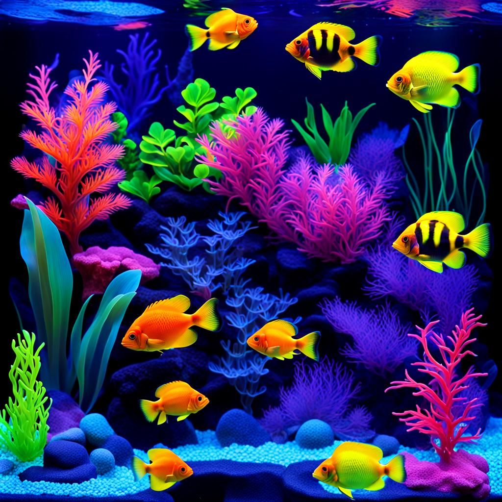 Colorful Tropical Fish in UV Blacklight Aquarium