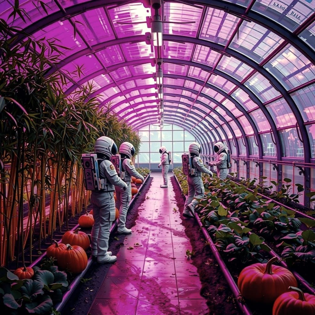 Mars Greenhouse Interior with Astronauts and Crops