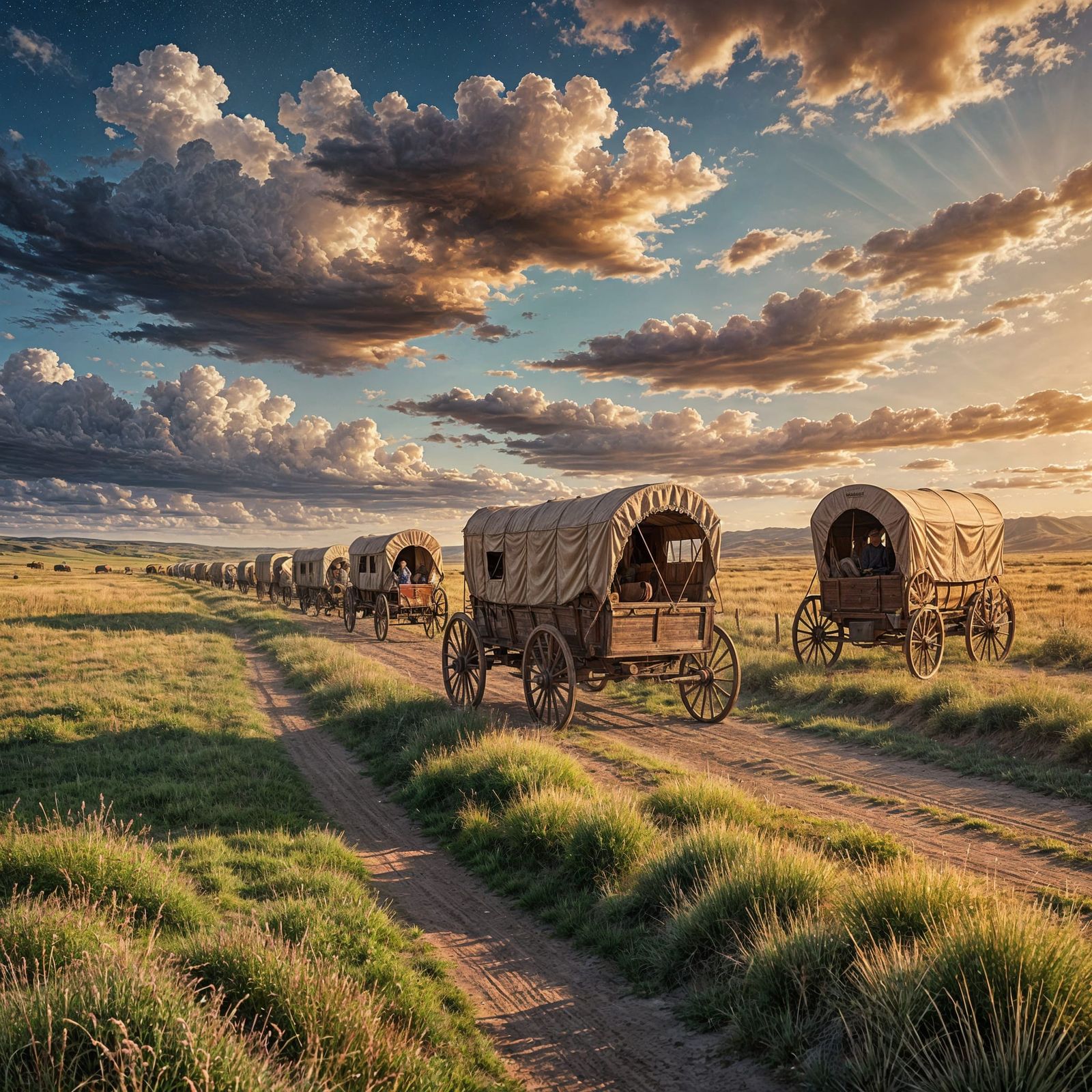 Pioneers' Wagon Train on the Open Prairie