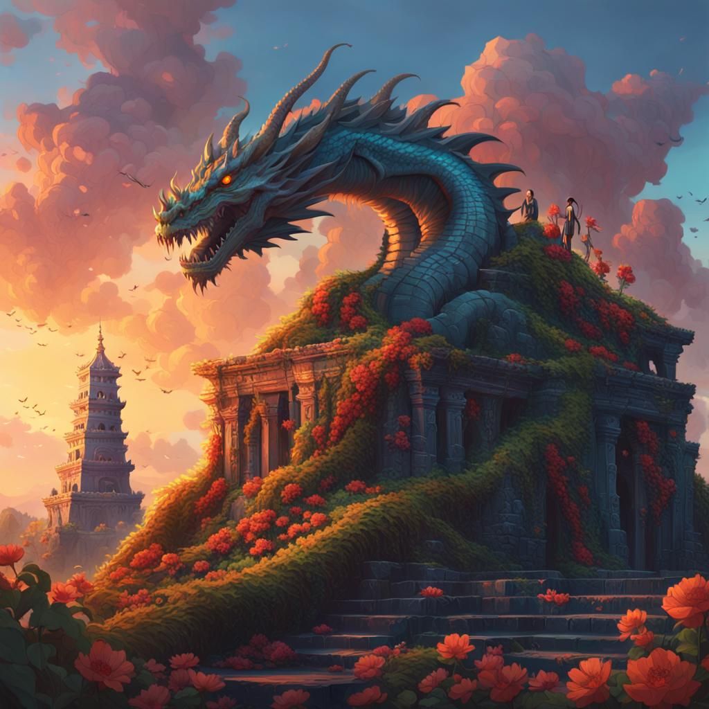 Dragon on Ancient Temple: Fantasy Concept Art