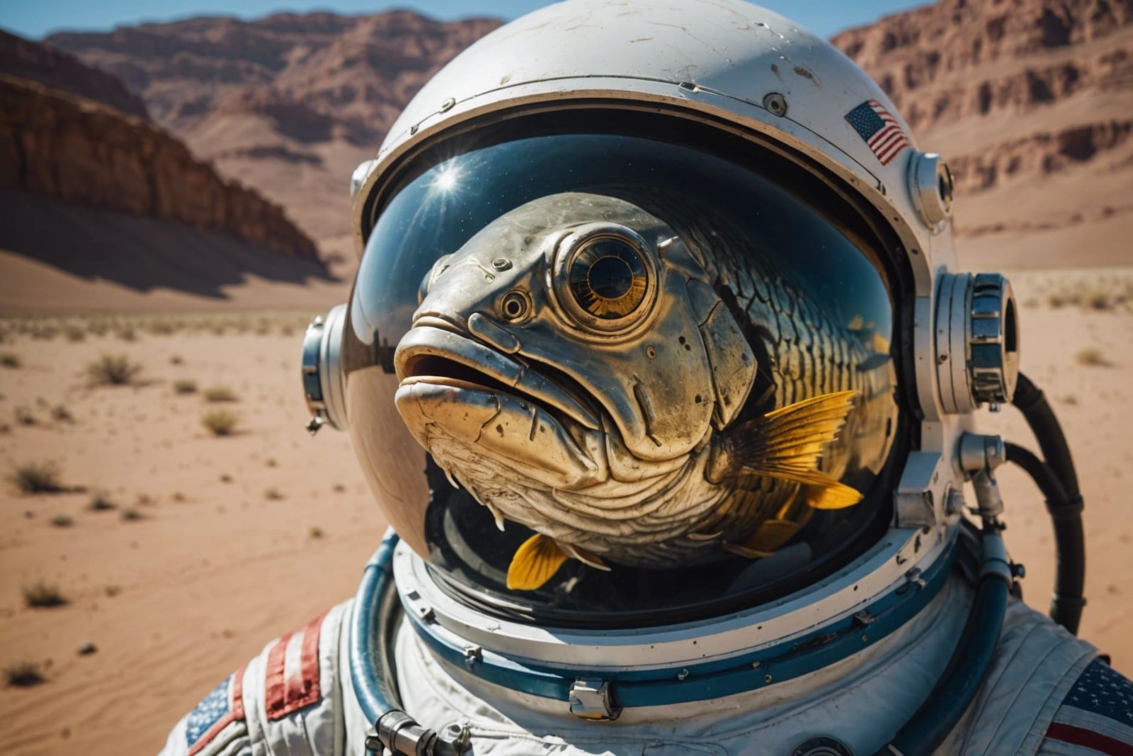 Surreal Fish Astronaut in Desert Landscape