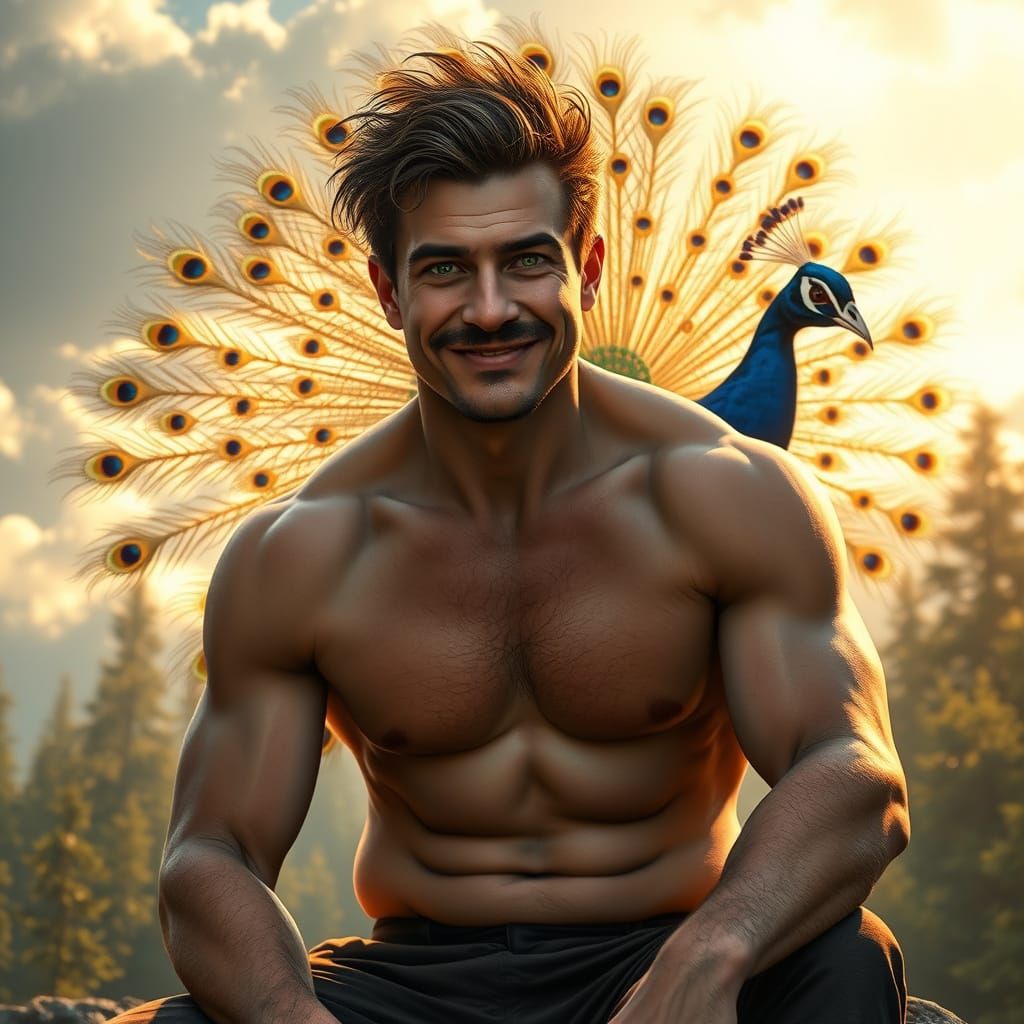 Man and Peacock in Enchanted Forest, Unreal Engine